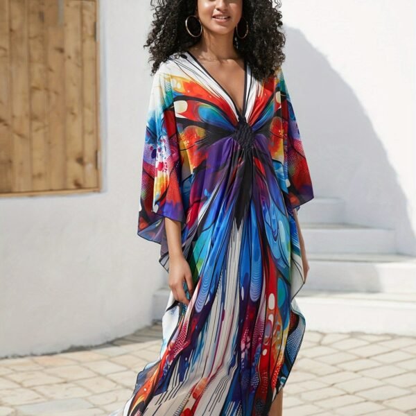 Plus Size Colorful Butterfly Print Slit Dress, Casual Batwing Sleeve Dress For Spring & Summer, Women's Plus Size Clothing