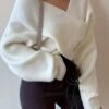 Rib-knit V Neck Loose Sweater, Elegant Long Sleeve Sweater For Fall & Winter, Women's Clothing