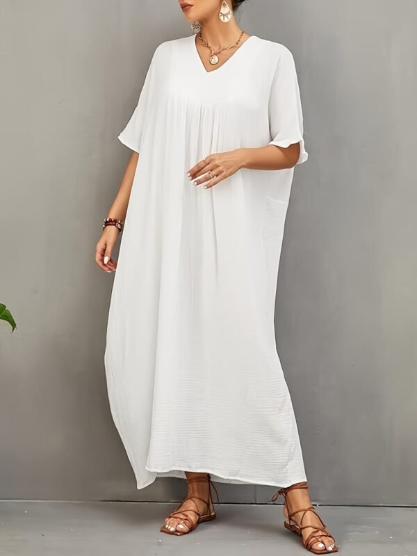Solid Color V Neck Coverup Dress, Casual Batwing Sleeve Loose Maxi Dress For Spring & Summer, Women's Clothing