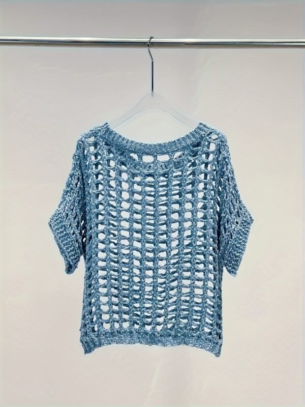 Hollow Out Crochet Crew Neck Sweater, Casual Short Sleeve Knit Top For Spring & Summer, Women's Clothing