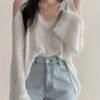 Solid Color V Neck Pullover Sweater, Y2K Long Sleeve Cut Out Knitted Sweater For Spring & Summer, Women's Clothing