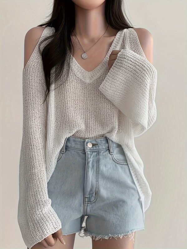 Solid Color V Neck Pullover Sweater, Y2K Long Sleeve Cut Out Knitted Sweater For Spring & Summer, Women's Clothing