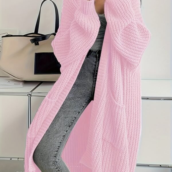 Solid Color Open Front Knitted Cardigan, Casual Long Sleeve Long Length Cardigan For Spring & Fall, Women's Clothing