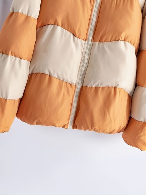 Color Block Puffer Jacket For Women, Stand Collar Warn Winter Sports Jacket, Women's Activewear