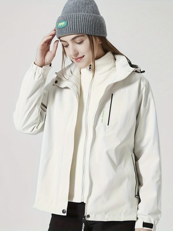 Women's Outdoor Sport Jacket, Solid Color Zipper Up Fleece Warm Winter Ski Hooded Jacket, Women's Clothing