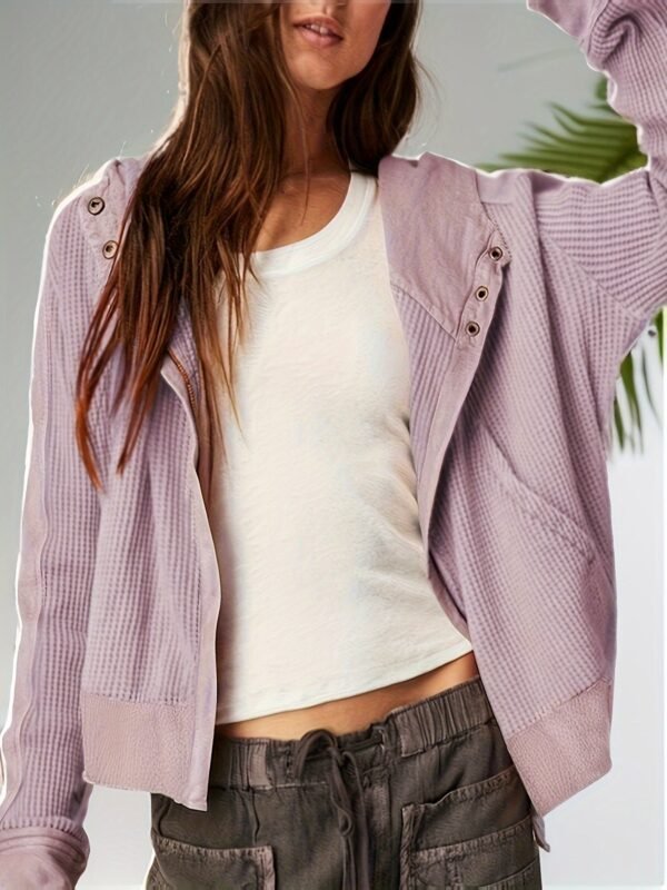 Zip-up Panel Textured Hoodie, Casual Long Sleeve Slant Pockets Jacket, Women's Clothing