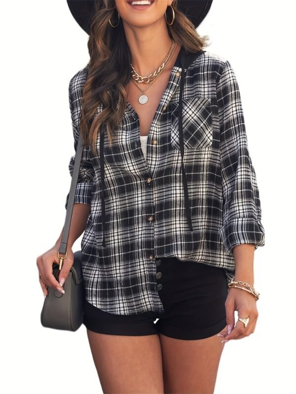 Plaid Print Single Breasted Jacket, Casual Drawstring Outwear For Spring & Fall, Women's Clothing