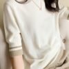 Contrast Trim Mock Neck Sweater, Casual Half Sleeve Pullover Sweater For Spring & Summer, Women's Clothing