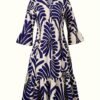Plus Size All Over Print Tiered Dress, Vacation Button Front 3/4 Sleeve Dress For Spring & Summer, Women's Plus Size Clothing