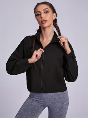 318189c0313f937d8fe81bab4e477541-1.jpg Solid Zipper Front Crop Jacket, Versatile Long Sleeve Jacket For Spring & Fall, Women's Clothing