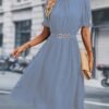 Chain Belted Puff Sleeve Dress, Elegant Summer Mock Neck Knee Length Dress For Spring & Summer, Women's Clothing