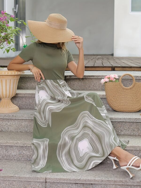 31cb01ba9362439dca11b4866d1965f3.jpg Graphic Print Splicing Aline Dress, Vintage Mock Neck Short Sleeve Dress, Women's Clothing