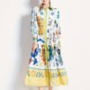 Graphic Print Button Front Dress, Casual Long Sleeve Tie Waist Dress For Spring & Fall, Women's Clothing