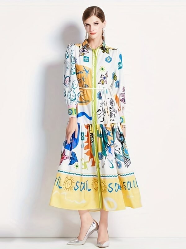 Graphic Print Button Front Dress, Casual Long Sleeve Tie Waist Dress For Spring & Fall, Women's Clothing