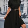 Chain Belted Puff Sleeve Dress, Elegant Summer Mock Neck Knee Length Dress For Spring & Summer, Women's Clothing