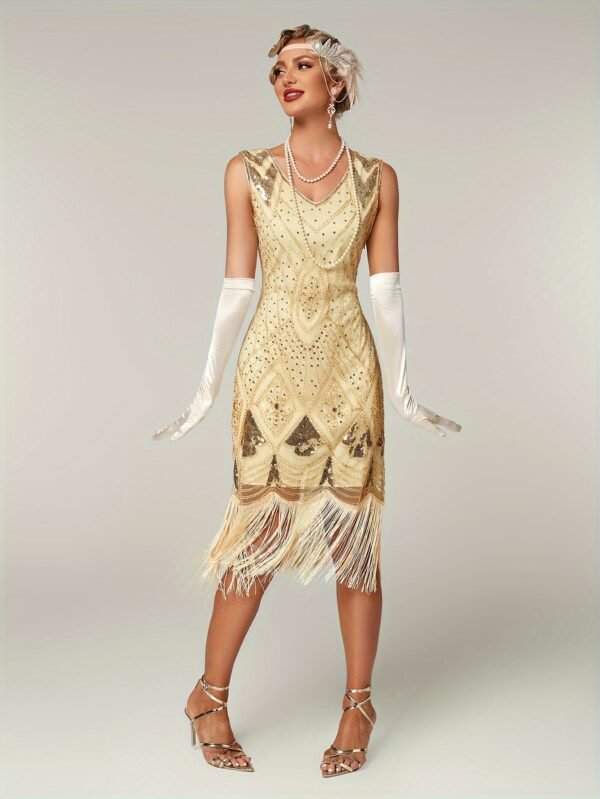 Sparkling Sequin V Neck Dress, Elegant Sleeveless Sheath Fringe Hem Dance Dress For Party & Club, Women's Clothing