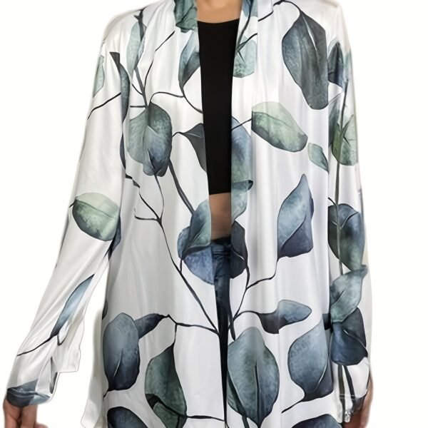 Leaves Print Open Front Cardigan, Versatile Long Sleeve Outwear For Spring & Fall, Women's Clothing