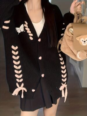 Lace Up Button Down Knit Cardigan, Casual Long Sleeve Loose Sweater, Women's Clothing