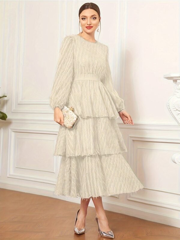 Raw Trim Waist Layer Ruffle Dress, Elegant Puff Long Sleeve Crew Neck Dress, Women's Clothing Wedding graduation engagement occasion ceremony party holiday vacation birthday