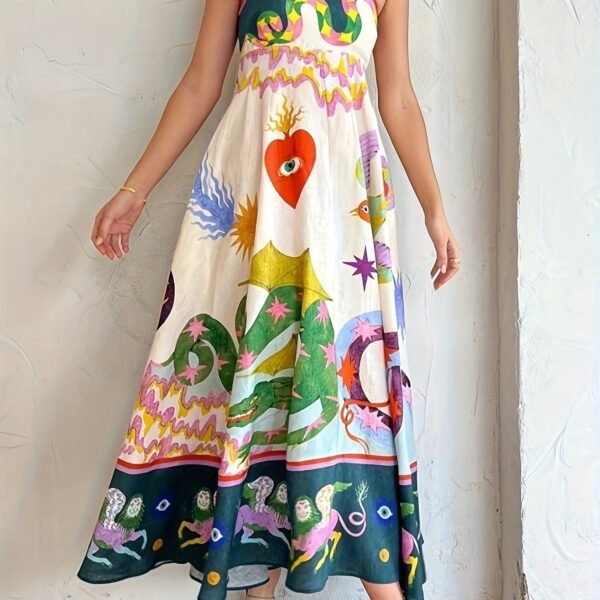 Cartoon Drawstring Print Shirred Cami Dress, Elegant Sleeveless Spaghetti Strap Dress, Women's Clothing