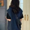 Women's Sleeveless Denim Jacket, Solid Color Turn-Down Collar, Loose Fit, Single-Breasted Casual Versatile Street Style Jean Outerwear for Spring/Summer