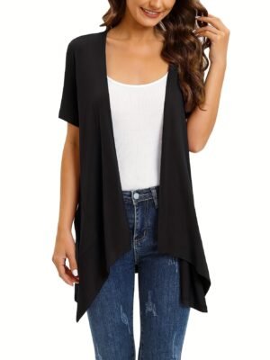 Dual Pockets Open Front Coat, Casual Short Sleeve Coat For Spring & Summer, Women's Clothing