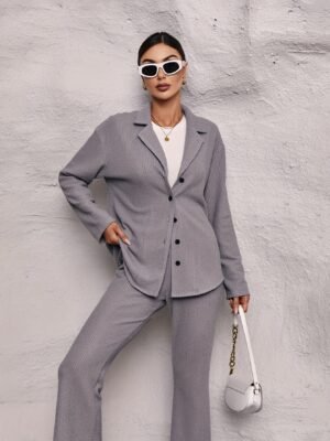 3c25b9d1009fb5b6136aeae99dc41b67-1.jpg Solid Casual Two-piece Set, Button Up Long Sleeve Top & Pants Outfits, Women's Clothing