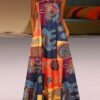 Ethnic Print V Neck Dress, Vintage Sleeveless Summer Maxi Dress With Pockets, Women's Clothing