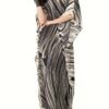 Plus Size Striped Notched Neck Coverup Dress, Vacation Batwing Sleeve Maxi Dress For Beachwear, Women's Clothing