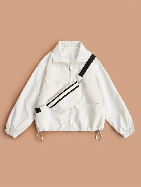 Solid Zip Up Jacket, Casual Long Sleeve Windproof Daily Outerwear With Bag, Women's Clothing