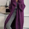 Solid Color Open Front Knitted Cardigan, Casual Long Sleeve Long Length Cardigan For Spring & Fall, Women's Clothing