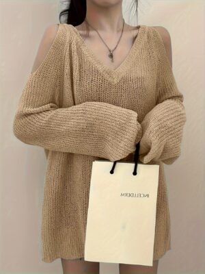 Solid Color V Neck Pullover Sweater, Y2K Long Sleeve Cut Out Knitted Sweater For Spring & Summer, Women's Clothing