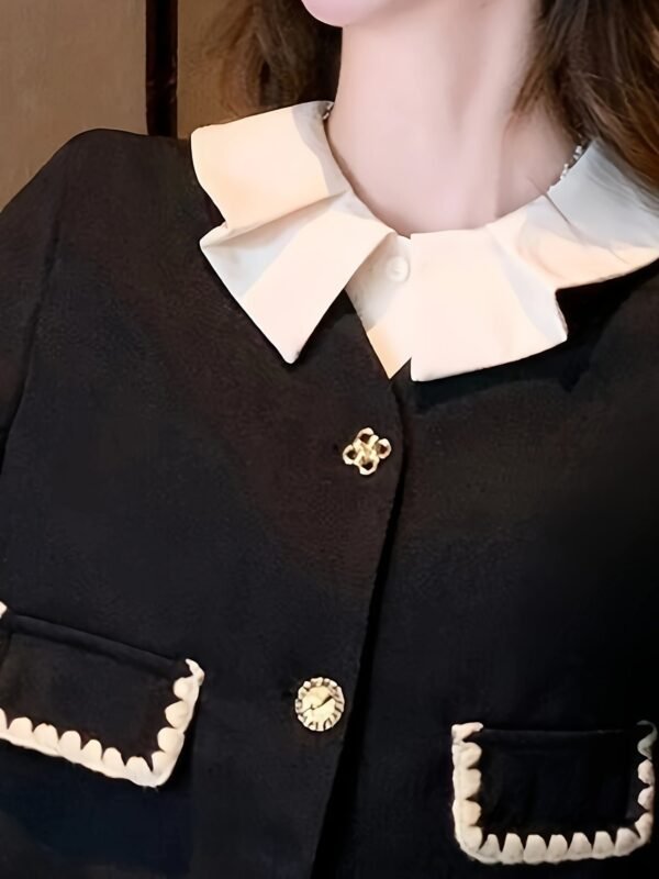 Elegant Button Front Contrast Trim Skirt Set, Long Sleeve Jacket & Pleated Midi Skirt Outfits, Women's Clothing