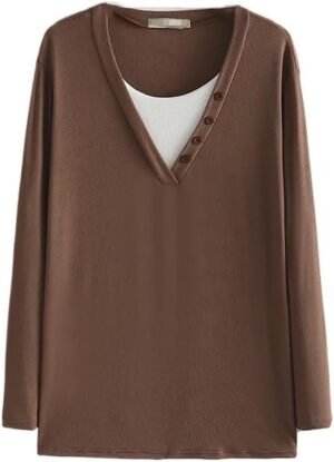 Autumn/Winter Women Fashion Plus Size Sweater Block Color O-Neck Button Knitwear Casual False Two Pieces Long Sleeve top