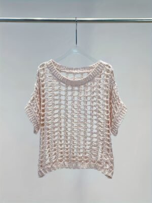 Hollow Out Crochet Crew Neck Sweater, Casual Short Sleeve Knit Top For Spring & Summer, Women's Clothing