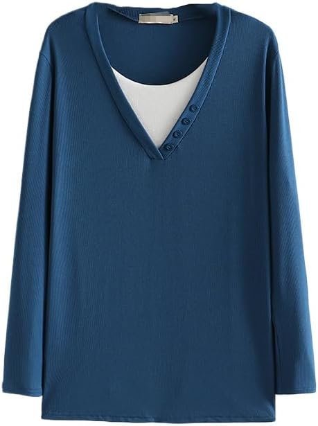 Autumn/Winter Women Fashion Plus Size Sweater Block Color O-Neck Button Knitwear Casual False Two Pieces Long Sleeve top