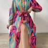Abstract Print Crew Neck Dress, Elegant Long Sleeve Belted Dress For Spring & Fall, Women's Clothing