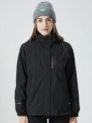 Women's Outdoor Sport Jacket, Solid Color Zipper Up Fleece Warm Winter Ski Hooded Jacket, Women's Clothing