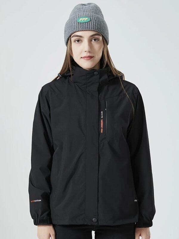 Women's Outdoor Sport Jacket, Solid Color Zipper Up Fleece Warm Winter Ski Hooded Jacket, Women's Clothing