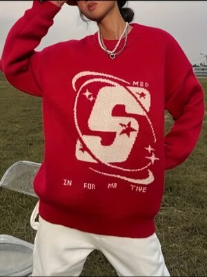 Letter Pattern Crew Neck Pullover Sweater, Casual Long Sleeve Sweater For Fall & Winter, Women's Clothing