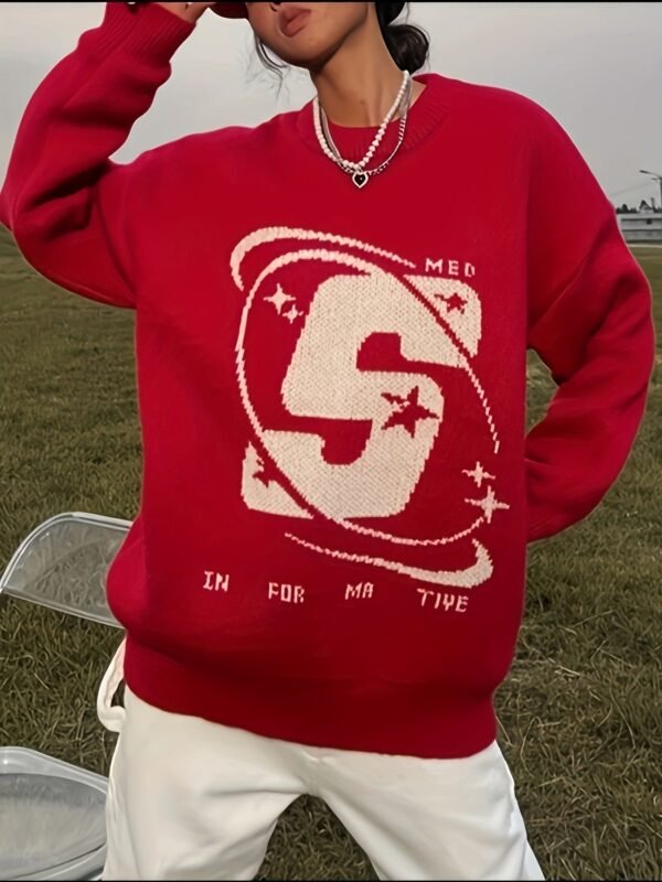 Letter Pattern Crew Neck Pullover Sweater, Casual Long Sleeve Sweater For Fall & Winter, Women's Clothing