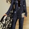 Sequin Decor Two-piece Set, Collarless Long Sleeve Blazer & High Waist Pants Outfits, Women's Clothing