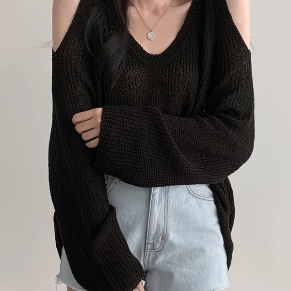 Solid Color V Neck Pullover Sweater, Y2K Long Sleeve Cut Out Knitted Sweater For Spring & Summer, Women's Clothing