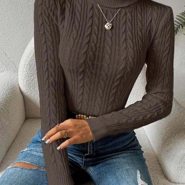 Solid Turtle Neck Cable Knit Sweater, Casual Long Sleeve Slim Sweater, Women's Clothing