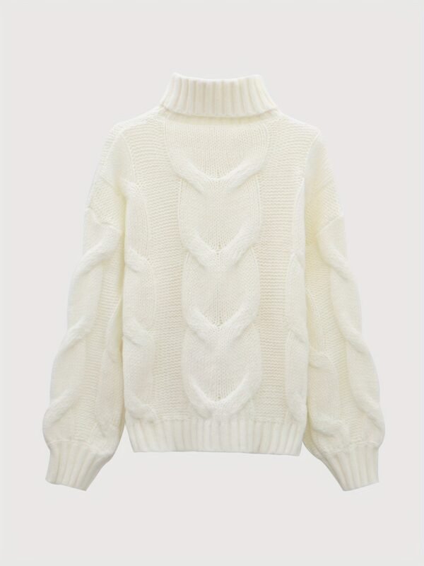 Twist Pattern Turtle Neck Pullover Sweater, Casual Lantern Sleeve Loose Sweater For Fall & Winter, Women's Clothing