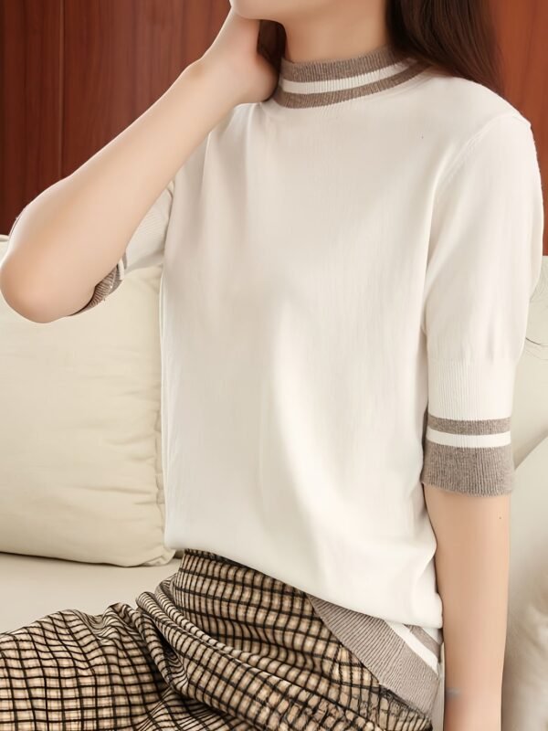 Contrast Trim Mock Neck Sweater, Casual Half Sleeve Pullover Sweater For Spring & Summer, Women's Clothing