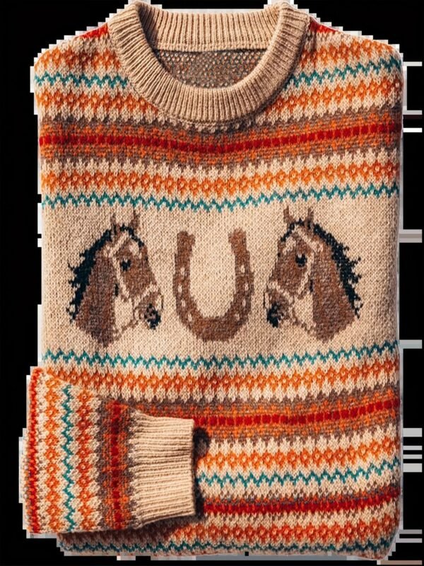 Horse Pattern Crew Neck Pullover Sweater, Casual Long Sleeve Loose Sweater, Women's Clothing