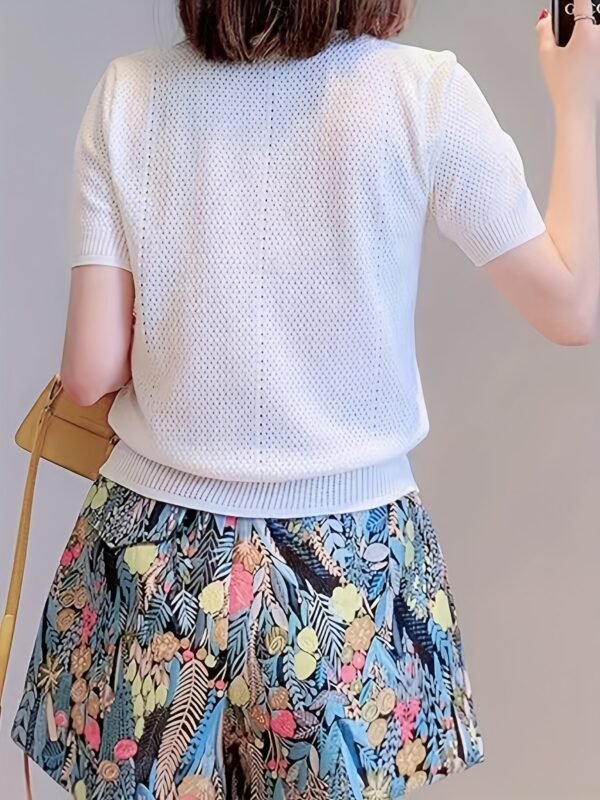 Floral & Mushroom Pattern V Neck Cardigan, Casual Beaded Button Short Sleeve Sweater For Spring & Summer, Women's Clothing