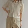Solid Color Button Front Knit Cardigan, Casual Collared Short Sleeve Cardigan For Spring & Summer, Women's Clothing