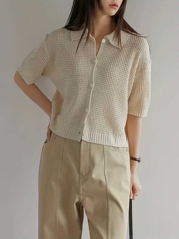 Solid Color Button Front Knit Cardigan, Casual Collared Short Sleeve Cardigan For Spring & Summer, Women's Clothing